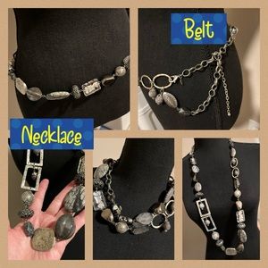 CHICO’S Runway Silver Tone, Black, Various  Stones Long Chain Necklace B…